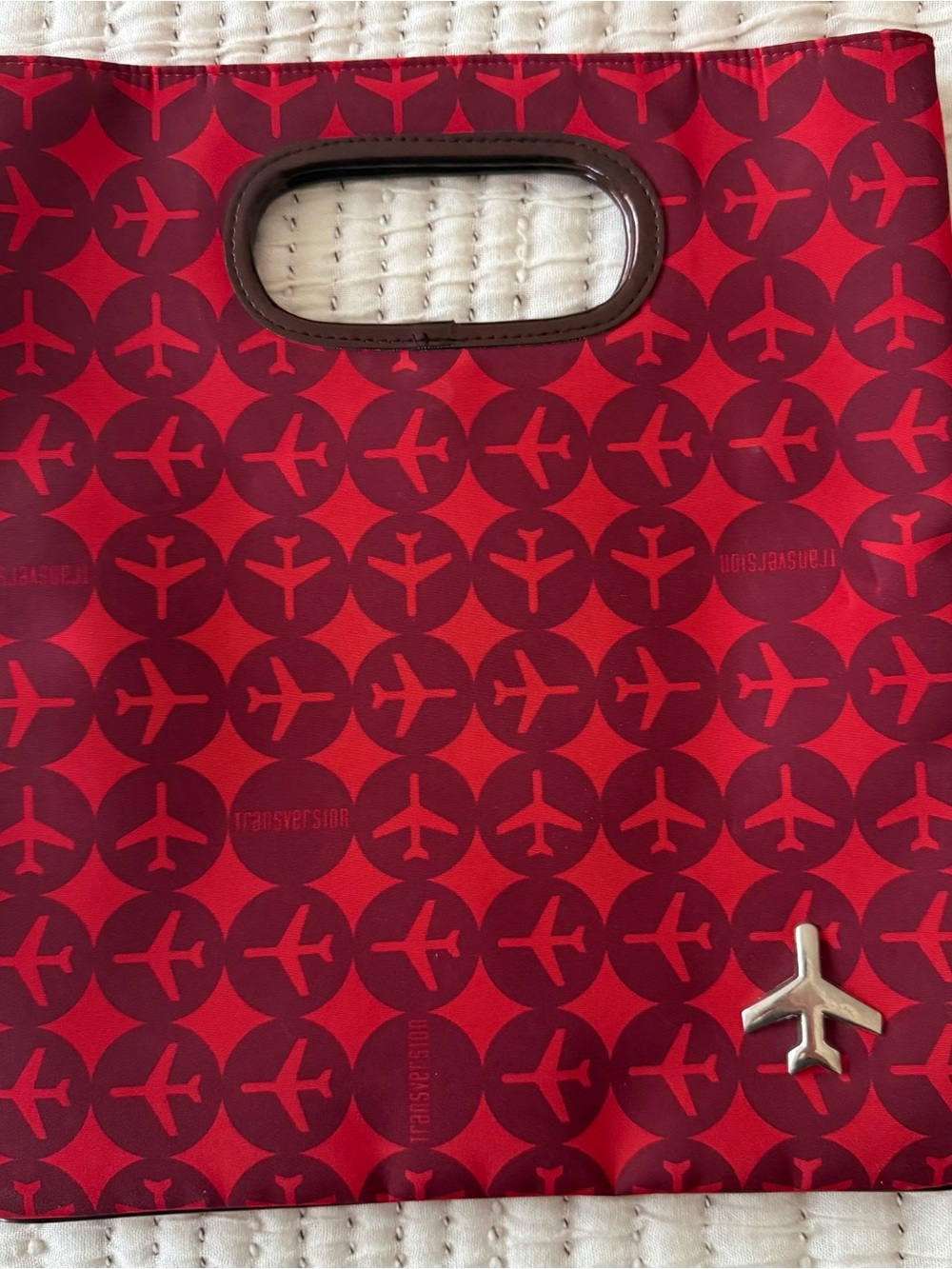 Red Patterned Travel Tote with Airplane Charm